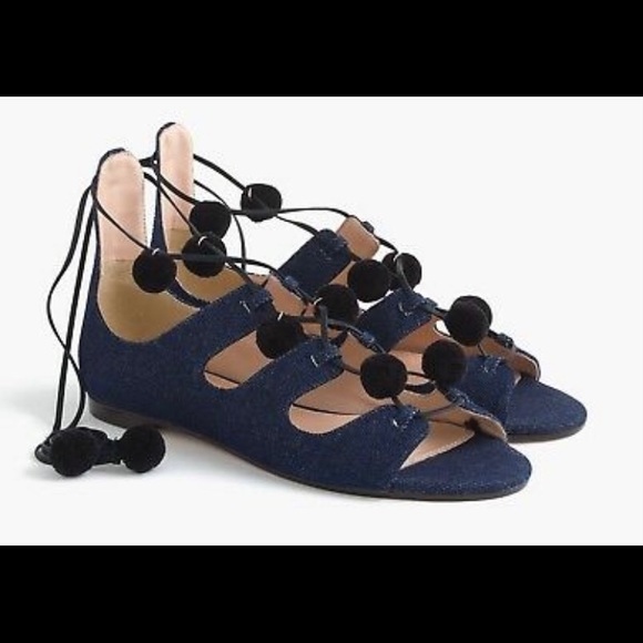J Crew Denim Caged Gladiator Sandals With Pom Poms